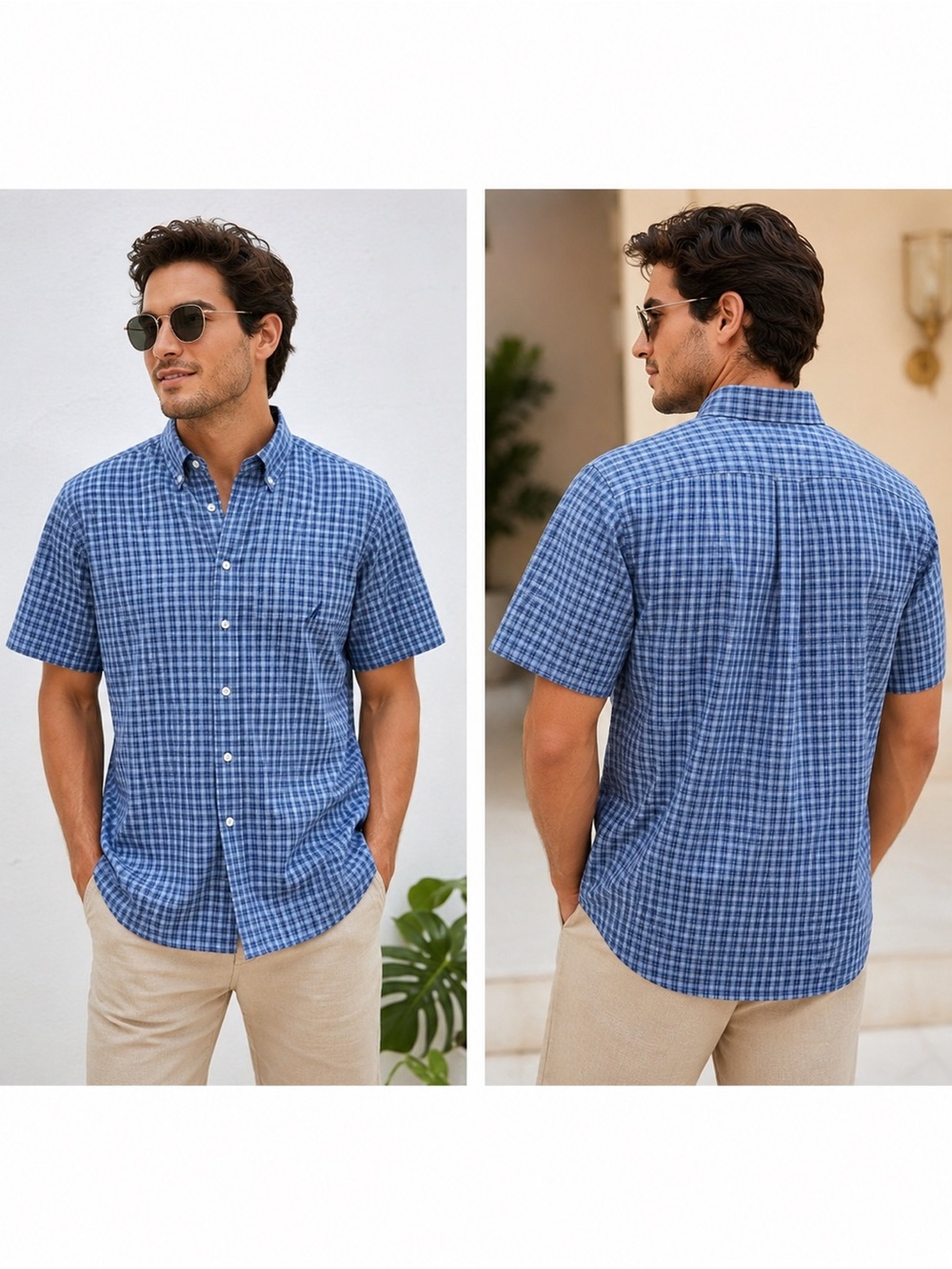 Nautica Men’s Blue Plaid Button Front Short Sleeve Shirt Size Large 100% Cotton